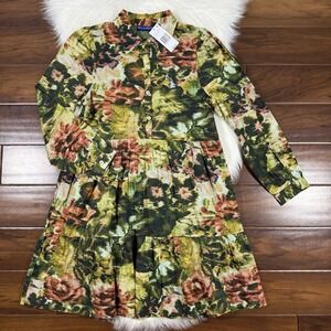 Ro's Garden Women's Size Small Green Floral Romy Tiered Dress Long Sleeve Button